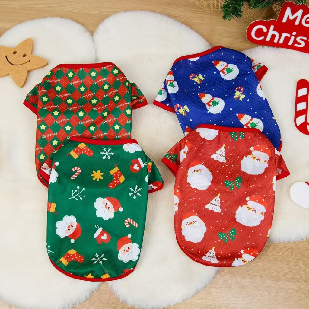 เสื้อผ้าสุนัขคริสต์มาสสัตว์เลี้ยงแมว Tshirt ปีใหม่ลูกสุนัข Oufit Santa Claus เครื่องแต่งกายสัตว์เลี้ยง xmas