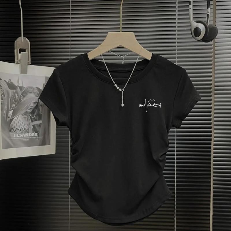 เสื้อยืดครอป แขนสั้น เวอร์ชั่นเกาหลีของกระแสน้ำแน่นเข้ารูปพอดีสั้นเอวสูงบางผู้หญิงด้านบนClothing Lady Tshirt Women