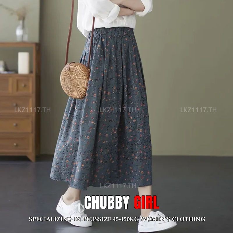 Plus size เสื้อผ้าสาวอวบ กระโปรงสาวอวบอ้วน ไซส์ใหญ่ ผู้หญิง กระโปรงทรงเอ ยาว ลายดอก เอวยางยืด ฤดูร้อน สไตล์เกาหลีแฟชั่น