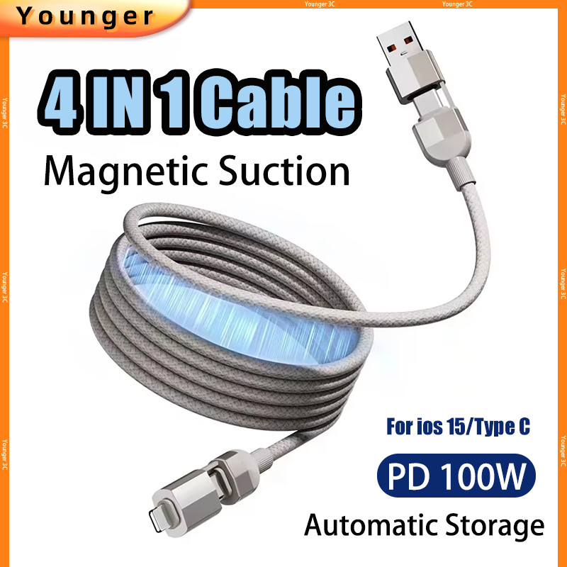 4 In 1 100W แม่เหล็กดูดสายชาร์จ Anti Winding PD Super Fast Data Cable ทอ Magic เชือกข้อมูลสายอัตโนมัติ Charger สําหรับ ios 15/16 ประเภท C