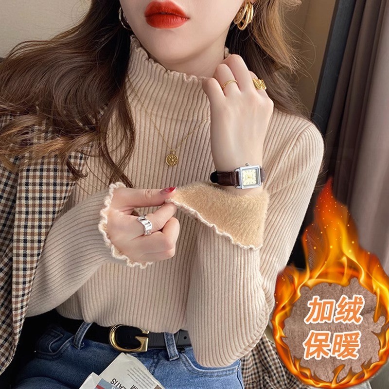 เสื้อสเวตเตอร์คอเต่าครึ่งตัวบุขนสำหรับผู้หญิงฤดูหนาวยืดหยุ่นรัดรูปเหนียวนุ่มหนาอบอุ่นหูไม้เสื้อสเวตเตอร์เสื้อสเวตเตอร์มิงค์อินเทรนด์ h6up