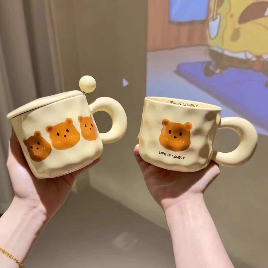 เซรามิก Mug รูปหมีน่ารัก สไตล์เกาหลี มีฝาปิดและช้อน ของขวัญสำหรับคู่รัก