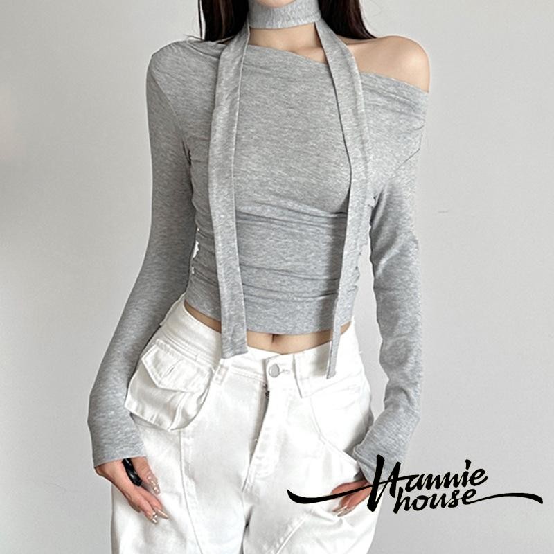 Hanie House- เสื้อยืดคอกลมเฉียงแขนยาวผู้หญิงพร้อมผ้าพันคอ