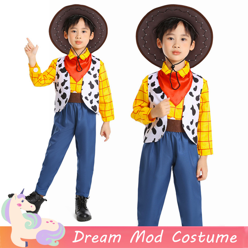 Toy Story Woody คอสเพลย์เครื่องแต่งกายสําหรับเด็กชุดคาวบอยเสื้อเสื้อกั๊กกางเกงฮาโลวีน Christmas Party ชุดประสิทธิภาพชุด