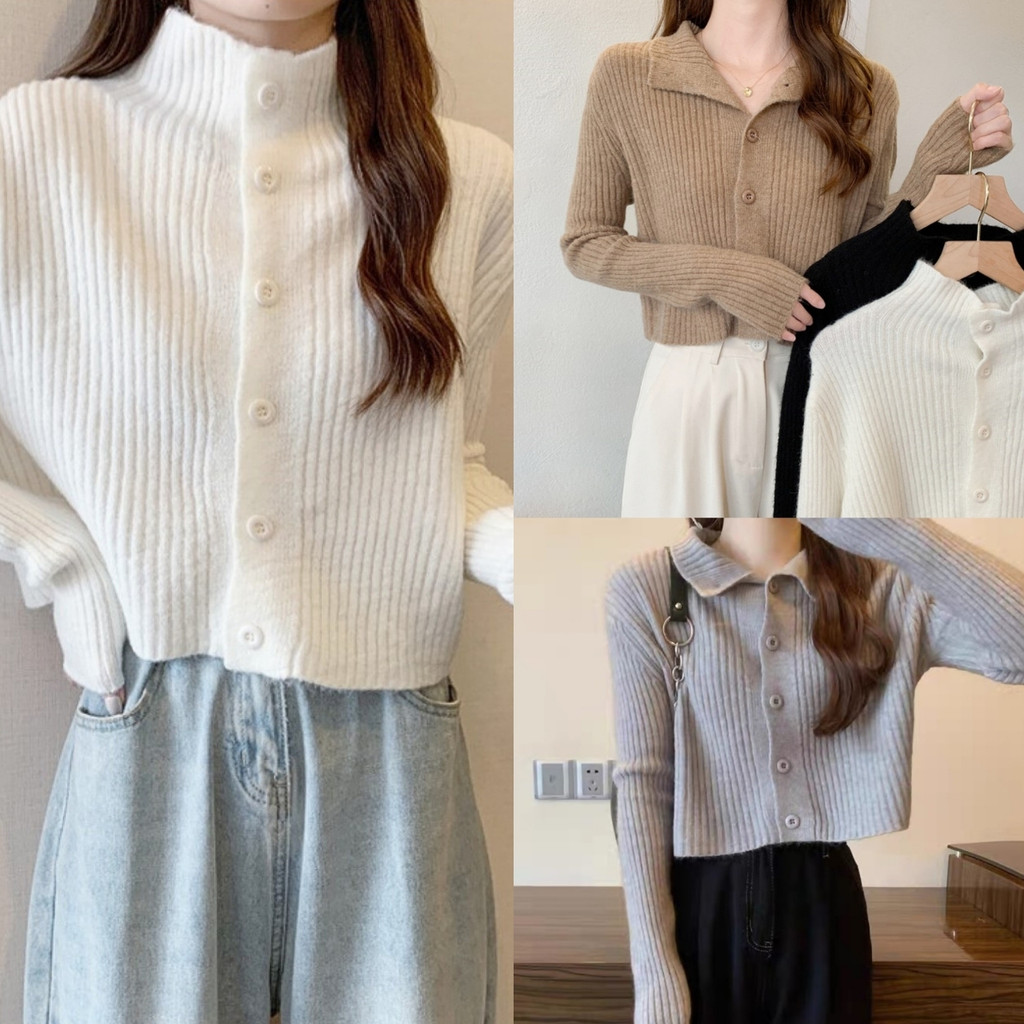 FC พร้อมส่ง สเวตเตอร์ไหมพรมกันหนาว กระดุมหน้าติดแบบคอสูง หรือพับลงเป็นคอปกได้ ทรงพอดีตัว