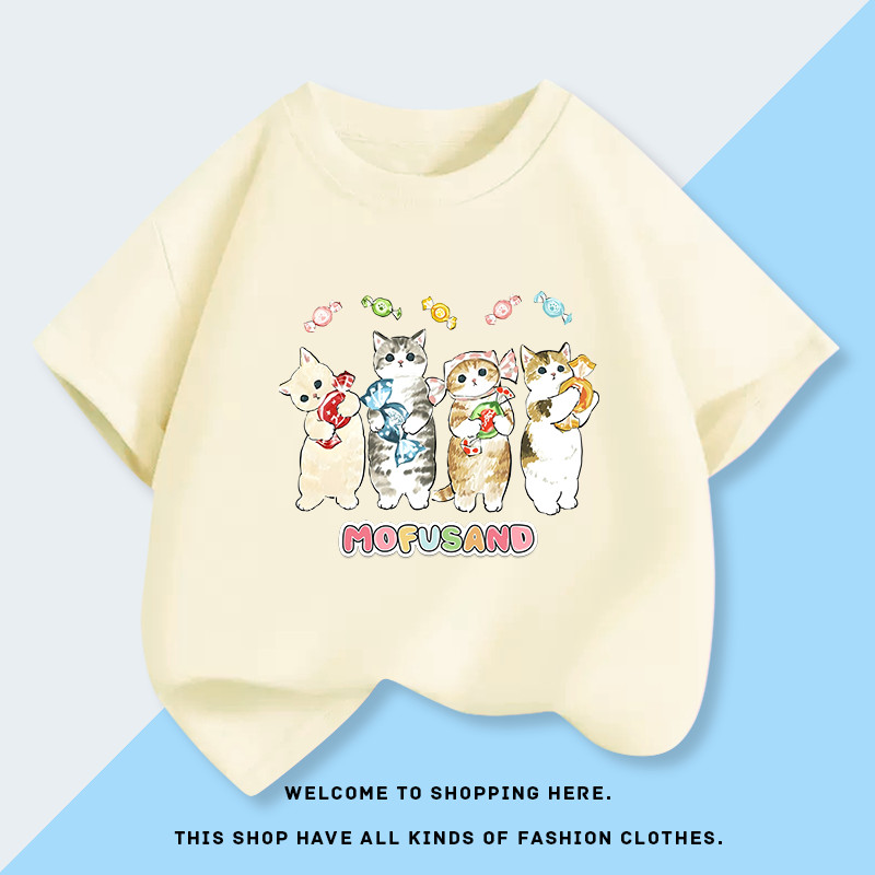(จัดส่งตลอด 24 ชั่วโมง)KIDS PRINCESS เสื้อที-ชีทแบบสั้นแขนสำหรับเด็กหญิงที่มีรูปแมวโมฟุซันด์ A412