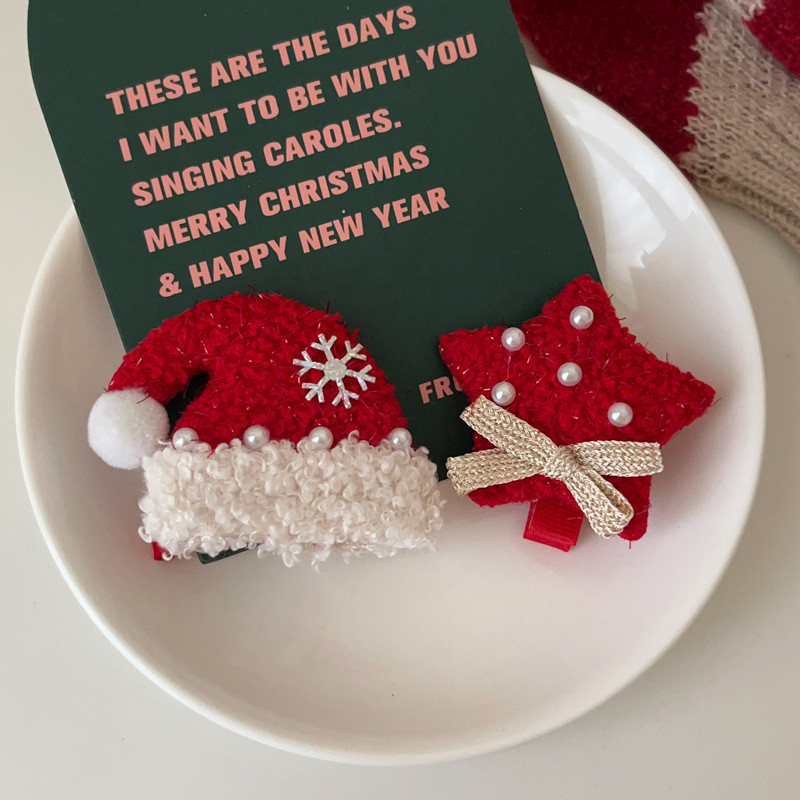 หมวกซานต้าสีแดง Star Hairpin Christmas Plush Duckbill คลิป