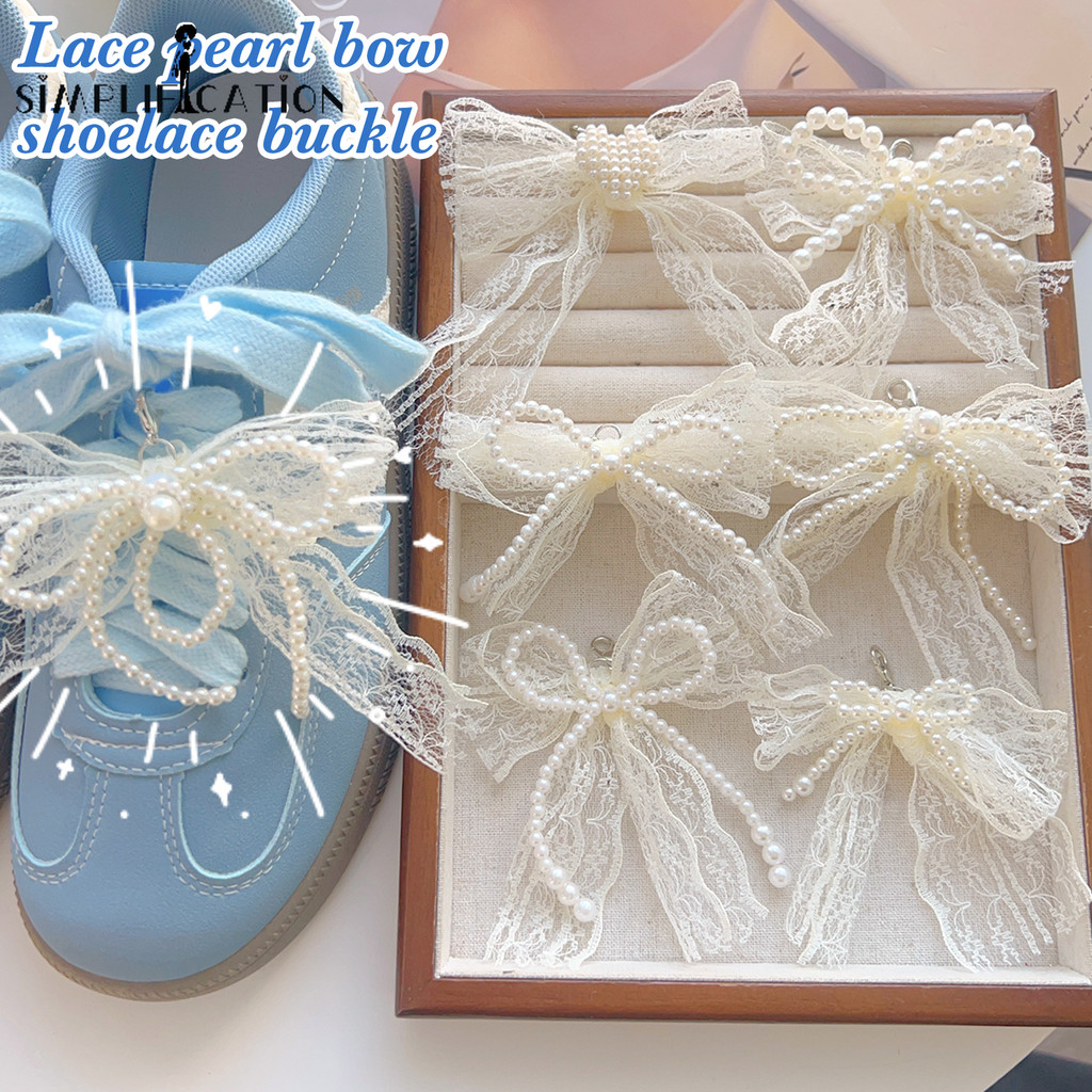 เกาหลี Y2k Pearl Bow รองเท้า Shoelaces Decor Buckle - Charm ลูกไม้ไข่มุกลูกปัด String Bowknot หัวเข็มขัด Sneakees รองเท้าหนังลําลองตกแต่ง
