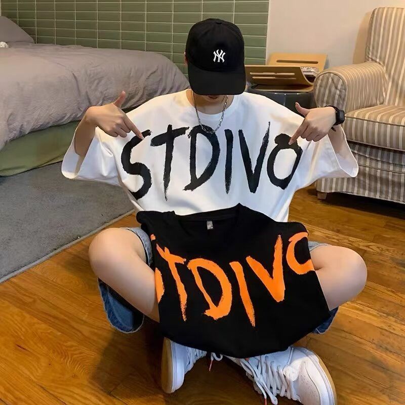 Street Wear เสื้อยืดขนาดใหญ่ผู้ชายสไตล์ฮ่องกง 2024 สไตล์ใหม่ฤดูร้อนหลวม oversize แขนสั้น Hip-Hop Top เสื้อผ้าแห่งชาติ