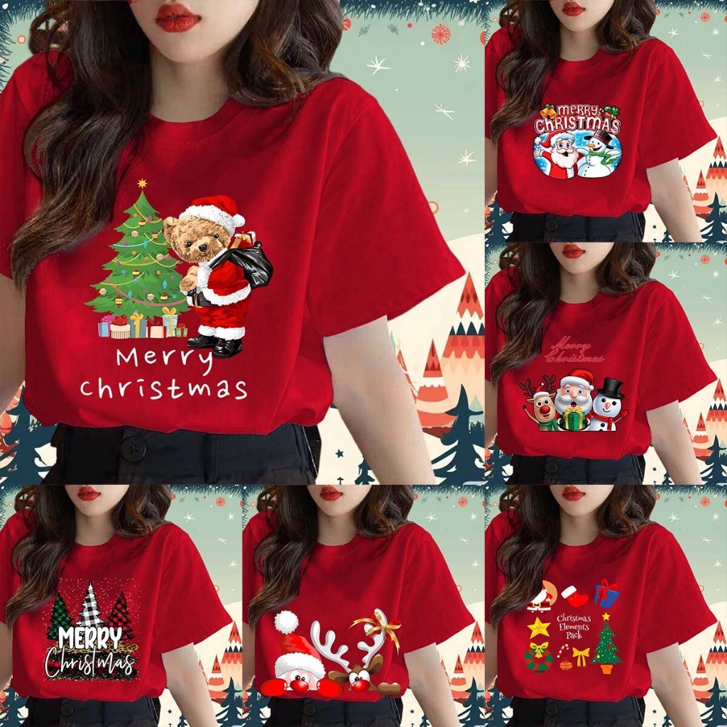(จัดส่งตลอด 24 ชั่วโมง）OOOK Official เสื้อคริสต์มาส Merry Christmas T-shirt ต้นคริสต์มาส พิมพ์ลายเสื้อครอบครัวคริสต์มาส