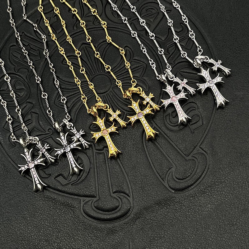 เงิน 925 ชุบ 22K Gold สร้อยคอเพชรสีม่วง, สร้อยคอเพชรสีชมพู, Retro Punk Rock Street Hip-Hop คู่เครื่อ