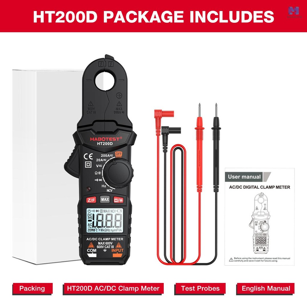 Habotest HT200D Digital Clamp Meter 2000 นับ True RMS NCV 600V แรงดันไฟฟ้า 200A DC/AC Current Digita