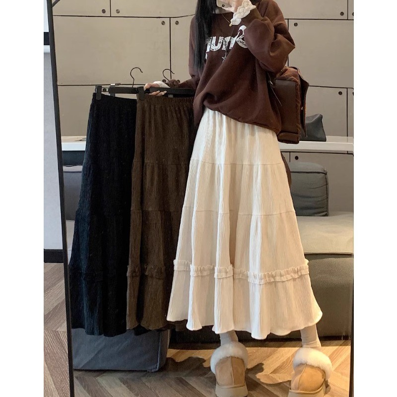 (ส่งจากไทย)กระโปรงยาวลูกไม้ลายฉลุ กระโปรงยาวสีพื้น แต่งลูกไม้ งานเกาหลี คิวส์สุดๆ(มีซับในค่ะ) - รูปที่ 4