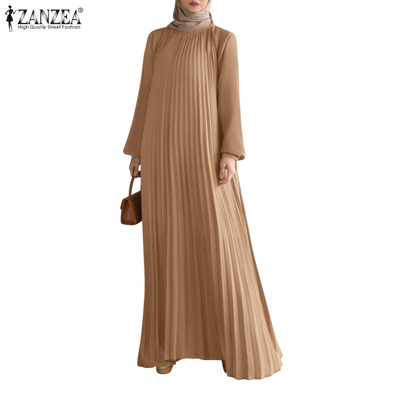 ZANZEA ซานเซีย ผู้หญิงมุสลิมแฟชั่นแขนยาวจีบรอบคอชุดสีธรรมดา