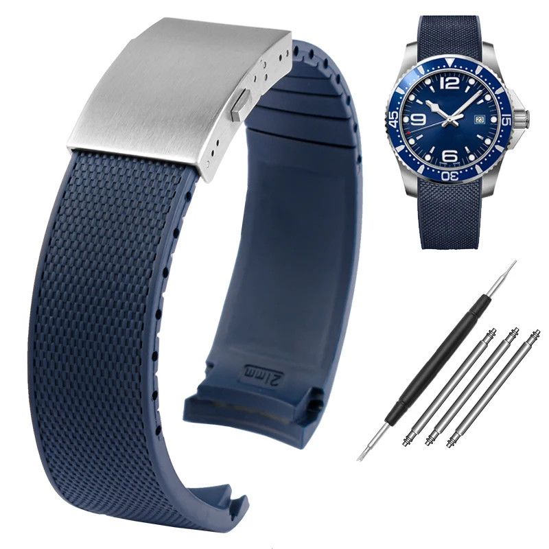 21 มม.ปลายโค้งสายนาฬิกายางสําหรับ Longines Conquest HydroConquest L3.781 642 742 782 กีฬาดําน้ําซิลิ