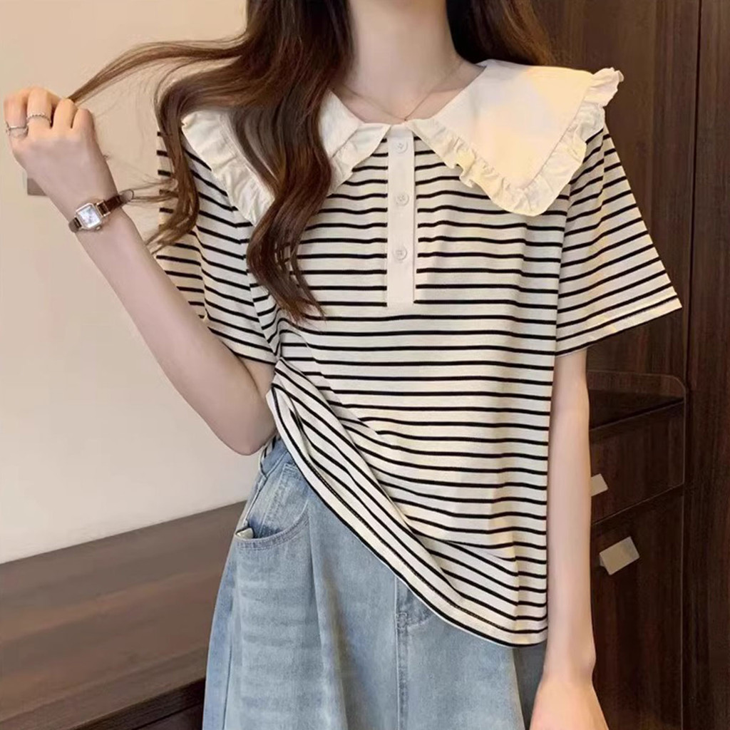 เสื้อยืดแขนสั้นคอปีกลายทาง แนวสตรีทใส่สบาย - รูปที่ 7