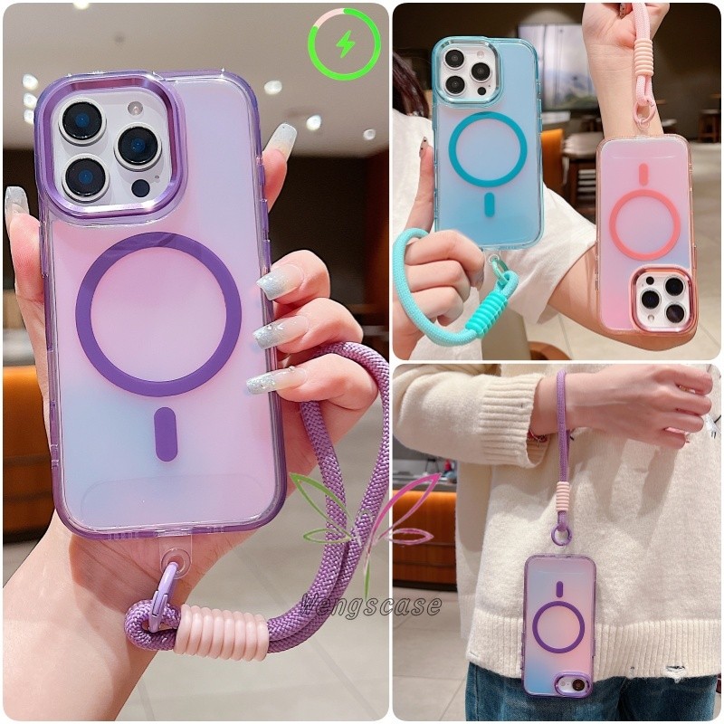 เคสไล่โทนสีแม่เหล็กปลอกสําหรับ ไอโฟน 16 15 14 13 12 มือโปร สูงสุด บวก สร้อยข้อมือเชือกเส้นเล็กกันกระแทกฝาหลัง