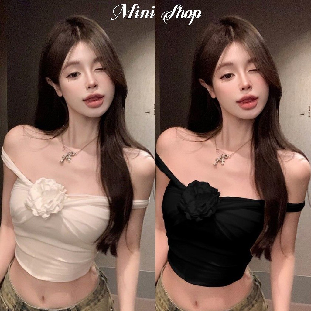Mini shop🌸พร้อมส่ง🌸(FY2591) เสื้อกล้าม ไม่มีฟองน้ำ ทรงยืดรัดตัวสีพื้น แถมเข็มกัดดดอกไม้ เซ็กซี่