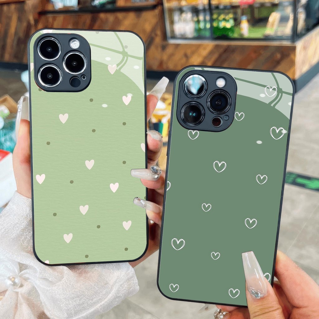 พื้นหลังสีเขียวกระจกหัวใจขนาดเล็กสําหรับiPhone 16 15 14 13 12 11 8 7 6 6s 6p 7p 8p 6g 7g 8g Pro Max 