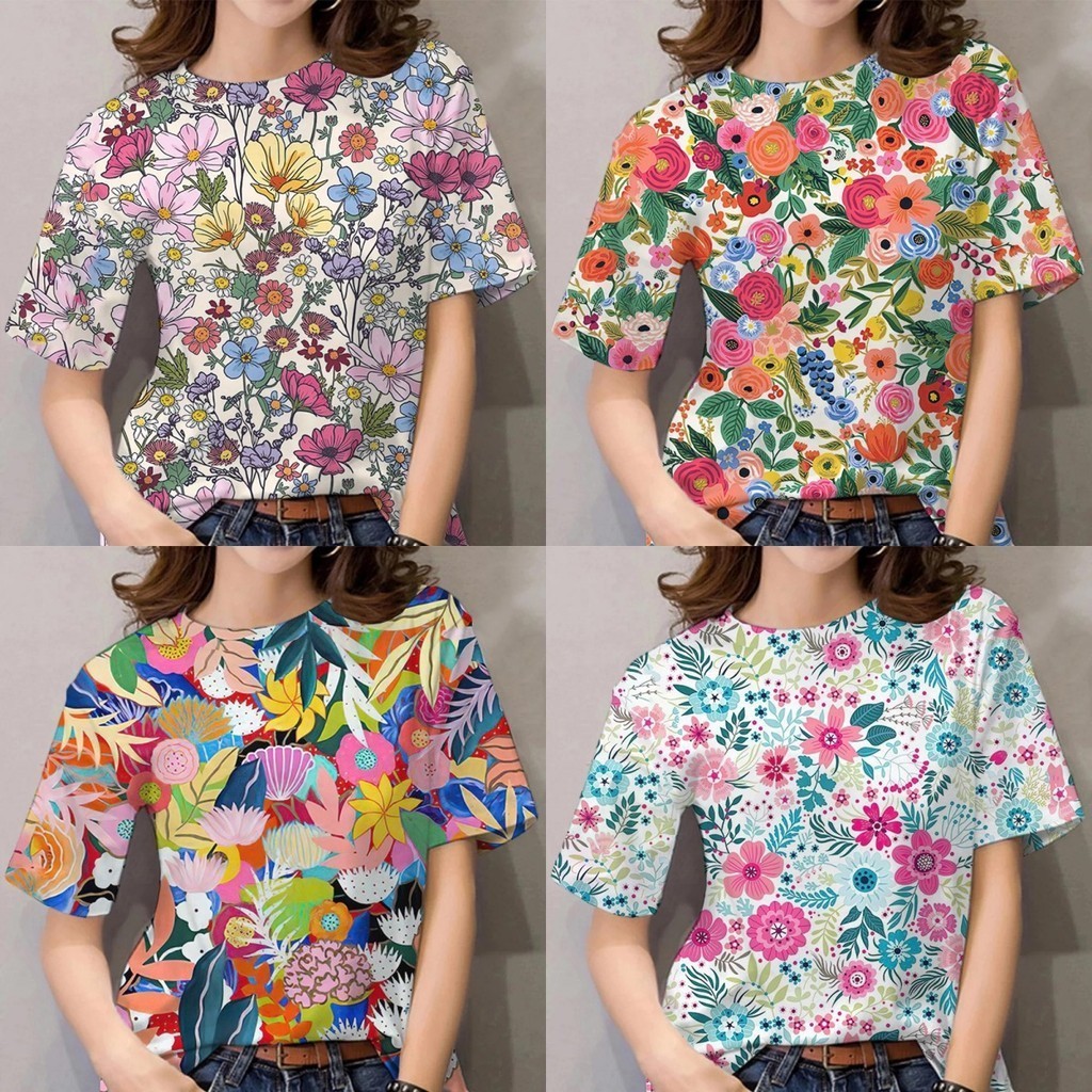 เสื้อยืดผู้หญิงพิมพ์ลายดอกไม้ไทยหรูหราสําหรับแฟชั่นสไตล์ปีใหม่ระบายอากาศ