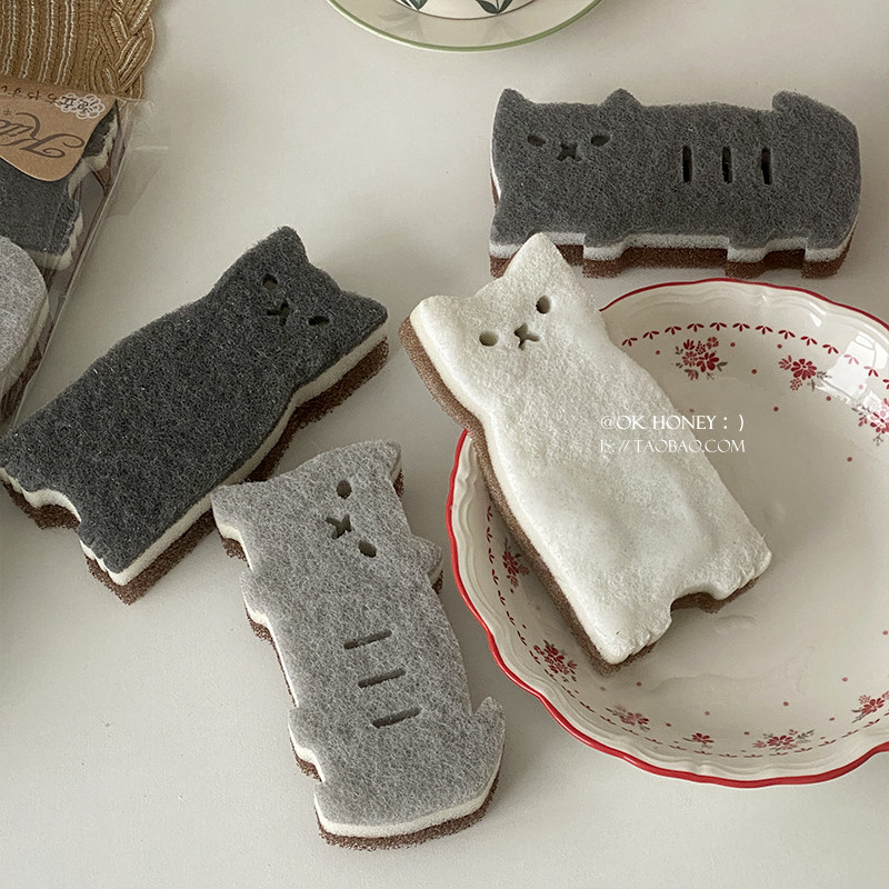 Dreamerhouse 4 ชิ้น/เซ็ตแมวหนาฟองน้ําเช็ด Scouring Pad ทําความสะอาดเช็ดสองด้านล้างจานหม้อแปรง Rag