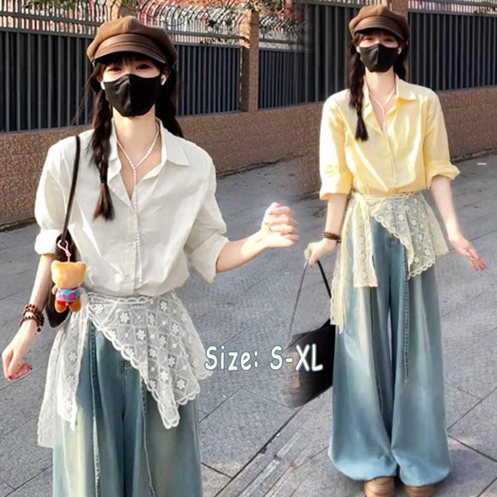 Chili Koko เสื้อเชิ้ตแขนยาวผ้าลูกไม้ฝรั่งเศสผ้าคลุมไหล่สำหรับผู้หญิง เสื้อลูกไม้ชายระบายผู้หญิง W588