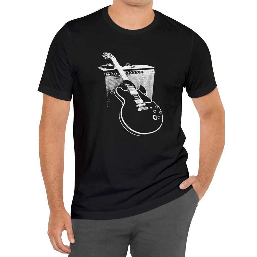 เสื้อยืด  กีตาร์ไฟฟ้า  แอมป์ เสื้อยืดธีมแฟชั่นร็อคเพลงผ้าฝ้ายแท้ระบายอากาศสบาย.เสื้อผ้าสีดําพิมพ์ลายกีตาร์ไฟฟ้าและแอมป์เต็มสไตล์ร็อคเย็นแสดงความรักและมีเอกลักษณ์ส่วนตัวสําหร