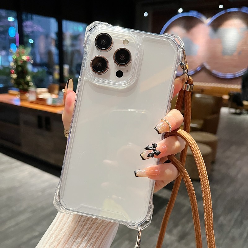 Iphone 15 14 13 11 16 Pro Max 16E 12 Mini XS X 7 8 Plus เคสกันกระแทก Crossbody สายไฟ Lanyard คอ Hard PC Clear Cover