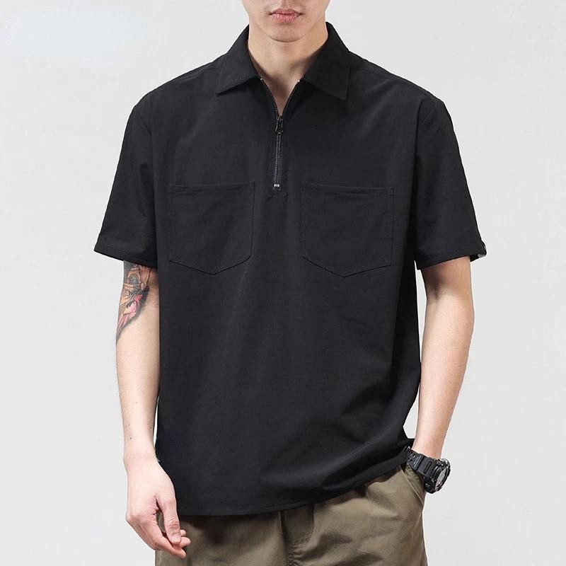 เสื้อโปโลแขนสั้น คอปก ทรงหลวม แต่งซิปครึ่ง สไตล์เกาหลี แฟชั่นฤดูร้อน สําหรับผู้ชาย