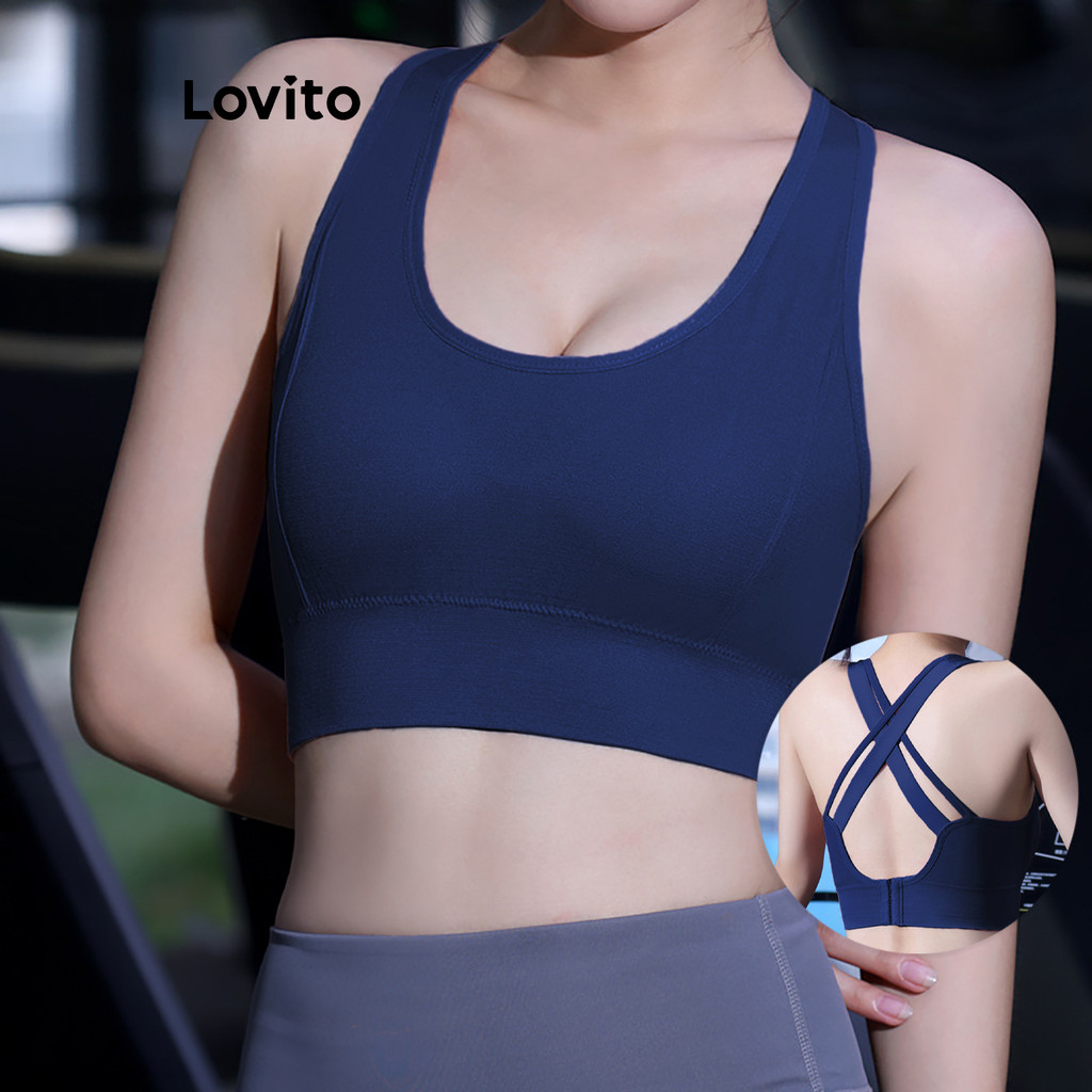Lovito เสื้อชั้นในกีฬาไขว้หลังสีพื้นสไตล์สปอร์ตสำหรับผู้หญิง LNL95434