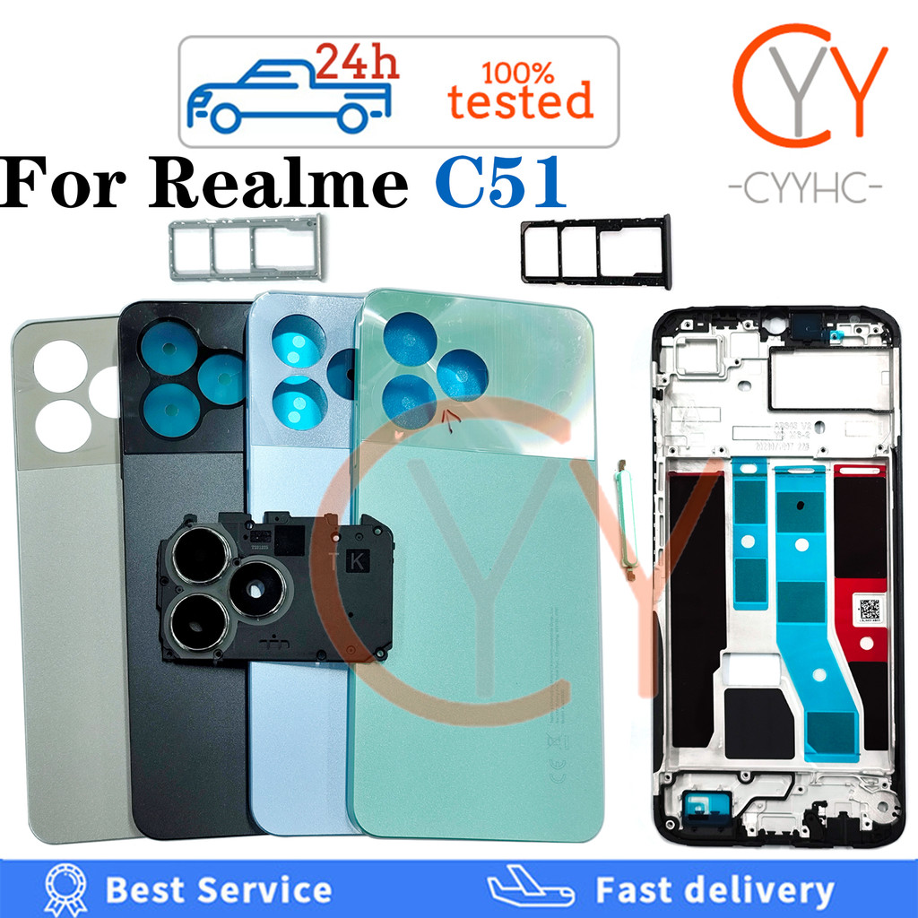 สําหรับRealme C51 RMX3830 ฝาหลังแบตเตอรี่ปุ่มปรับระดับเสียงปิดปุ่มเปิดปิดฝาครอบแบตเตอรี่ประตูด้านหลัง + กรอบด้านหน้าLCD + ถาดซิมเปลี่ยนการ์ด