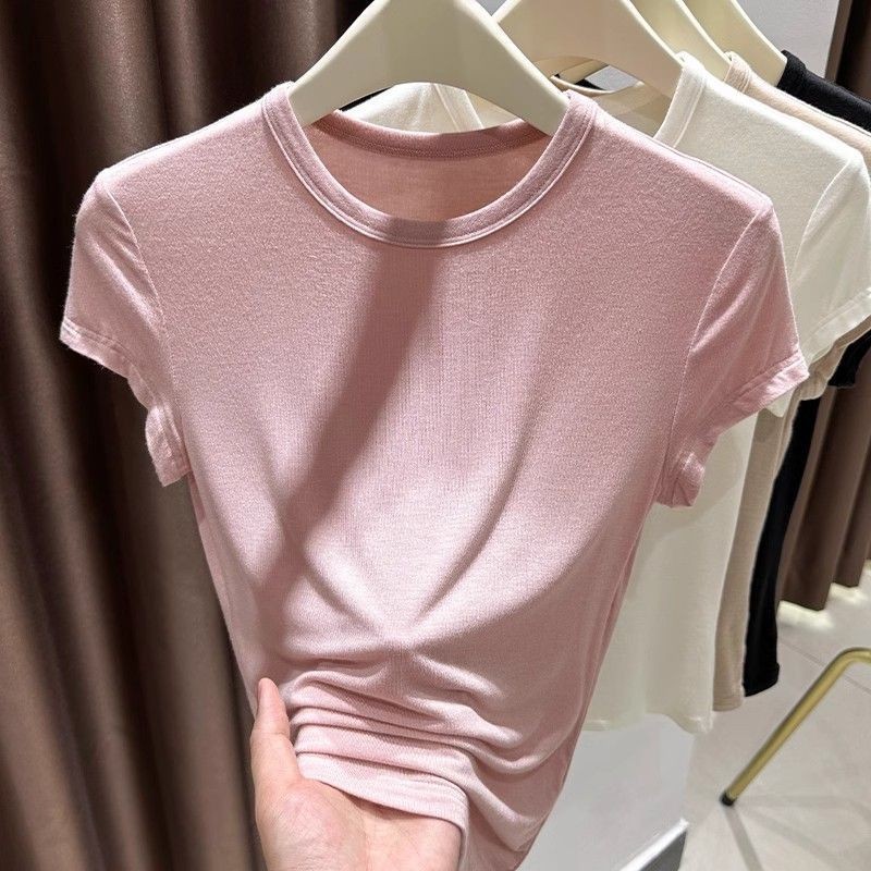 นุ่มข้าวเหนียวน้ําหนักเบา Modal เสื้อยืดแขนสั้นผู้หญิงฤดูร้อนด้านหน้าไหล่รอบคอยืดด้านบน