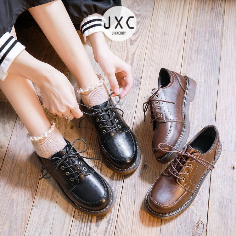 รองเท้าหนังผูกเชือกย้อนยุคสไตล์วิทยาลัยฤดูใบไม้ผลิและฤดูใบไม้ร่วงสไตล์ฮ่องกงแมทช์ลุคง่าย Mary Jane รองเท้าผู้หญิง JK สีดำสไตล์ญี่ปุ่น