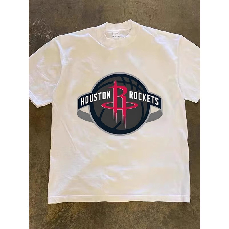 Houston Rockets (Houston Rockets) รูปแบบการพิมพ์โลโก้ทีม, เสื้อยืดผ้าฝ้ายแท้,คอกลมแขนสั้น,สวมใส่สบาย