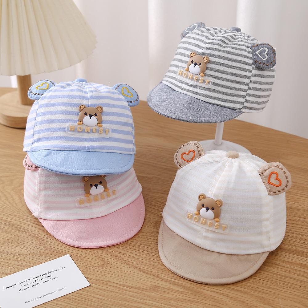 หมวกเด็กอ่อน หมวกเด็กเล็กดีไซน์ หูหมี ลายทาง Cotton 100% ใส่สบาย สำหรับเด็ก 0-6 เดือน มี4สี M1