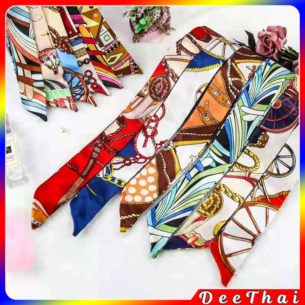 DeeThai ริบบิ้นผูกกระเป๋า พิมพ์ลาย ขนาดเล็ก สําหรับผู้หญิง ขนาด 85x4 ซม. ผ้าพันคอแฟชั่น Silk scarf