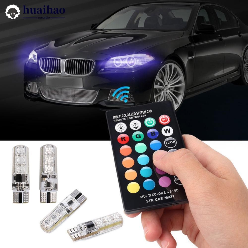 HUAIHAO 4 ชิ้น T10 6SMD 5050 RGB สีสันไฟรถยนต์อัตโนมัติหลอดไฟ LED w/รีโมทคอนโทรล T7Z8