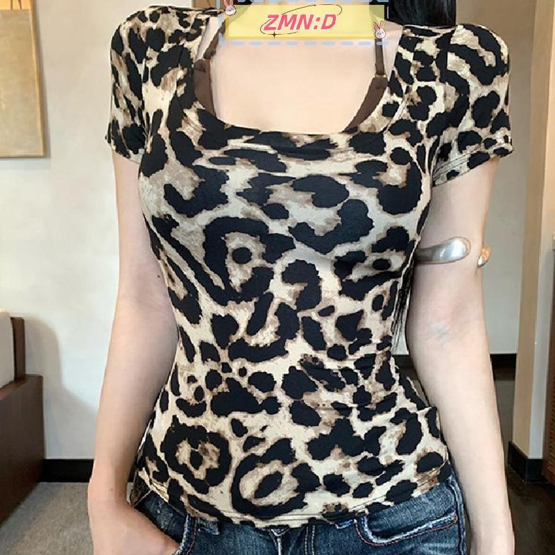 ใหม่wellknowngreat แฟชั่นเซ็กซี่เสือดาวพิมพ์ U คอสั้นแขนสั้นเสื้อยืดบางฤดูร้อนผู้หญิง Crop Top RRT