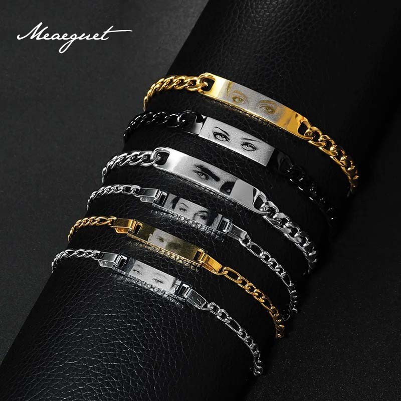Meaeguet ที่กําหนดเองตาสร้อยข้อมือรูปถ่าย,สแตนเลสสร้อยข้อมือโซ่คิวบา DIY เครื่องประดับอนุสรณ์ของขวัญส่วนบุคคล