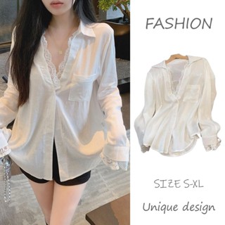 MIMI&DIDI  เสื้อเชิ้ตเชิ้ตคอวีลูกไม้สไตล์ฝรั่งเศส แขนยาว ต้น…