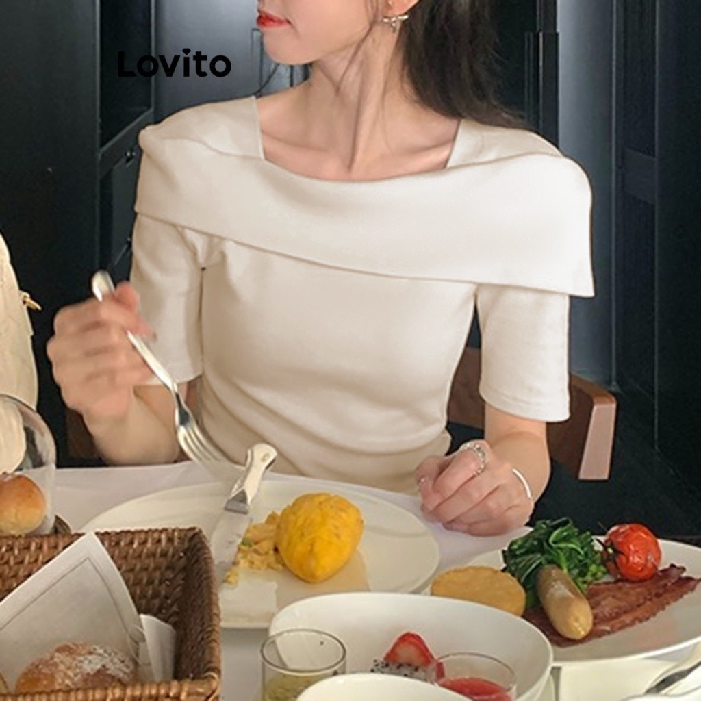 Lovito เสื้อยืด สีพื้น แบบไม่เสมอกัน สไตล์ลำลอง สำหรับผู้หญิง LNE17028 (สีแอปริคอต)