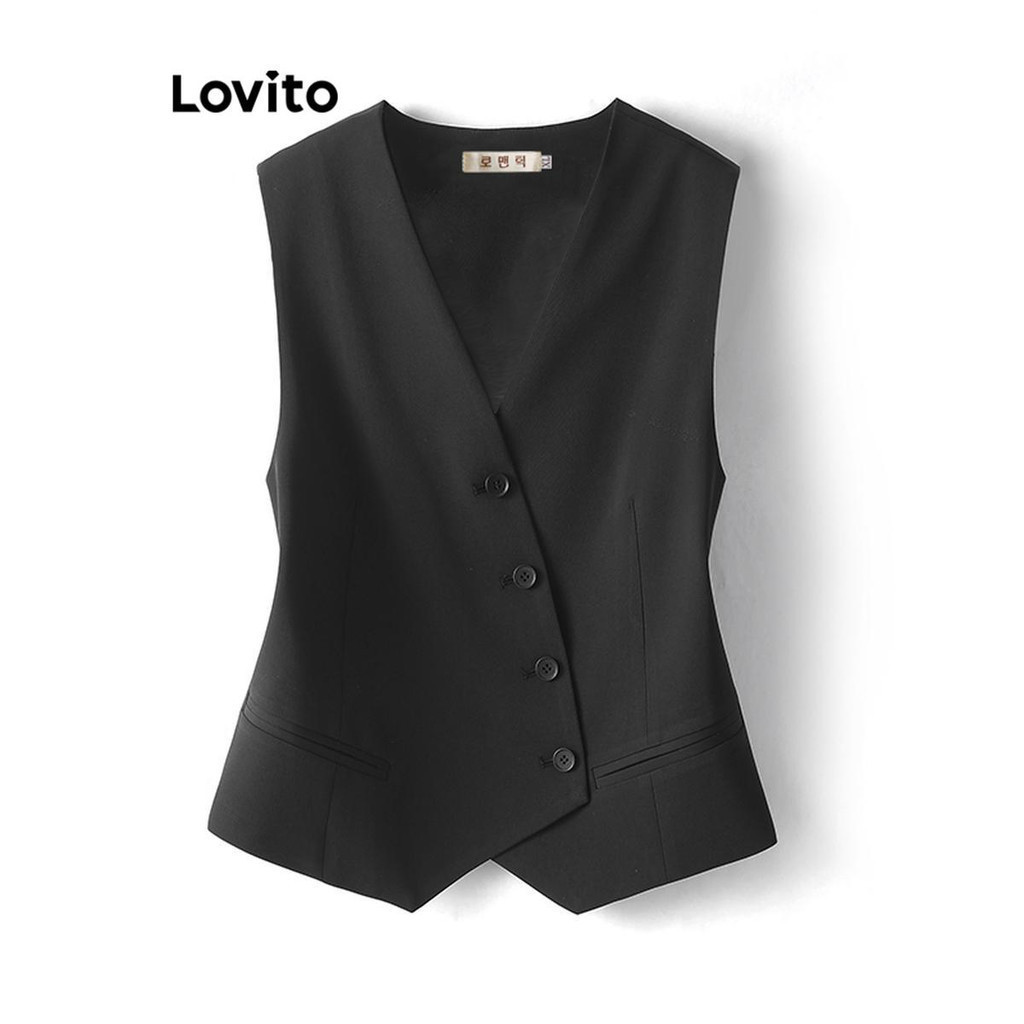 Lovito เสื้อแขนกุดผู้หญิง แต่งกระเป๋าปลอม แต่งกระดุม สีพื้น สไตล์ลำลอง LNE50147
