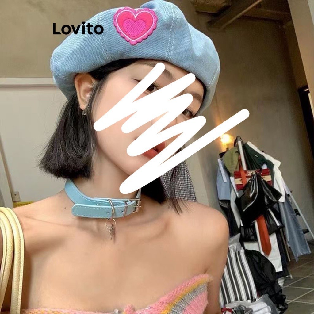 Lovito หมวกเบเร่ต์ ผ้าฟอก แต่งลายหัวใจ สไตล์ลำลอง สำหรับผู้หญิง LFA08599 (สีน้ำเงินเข้ม/ สีฟ้า)