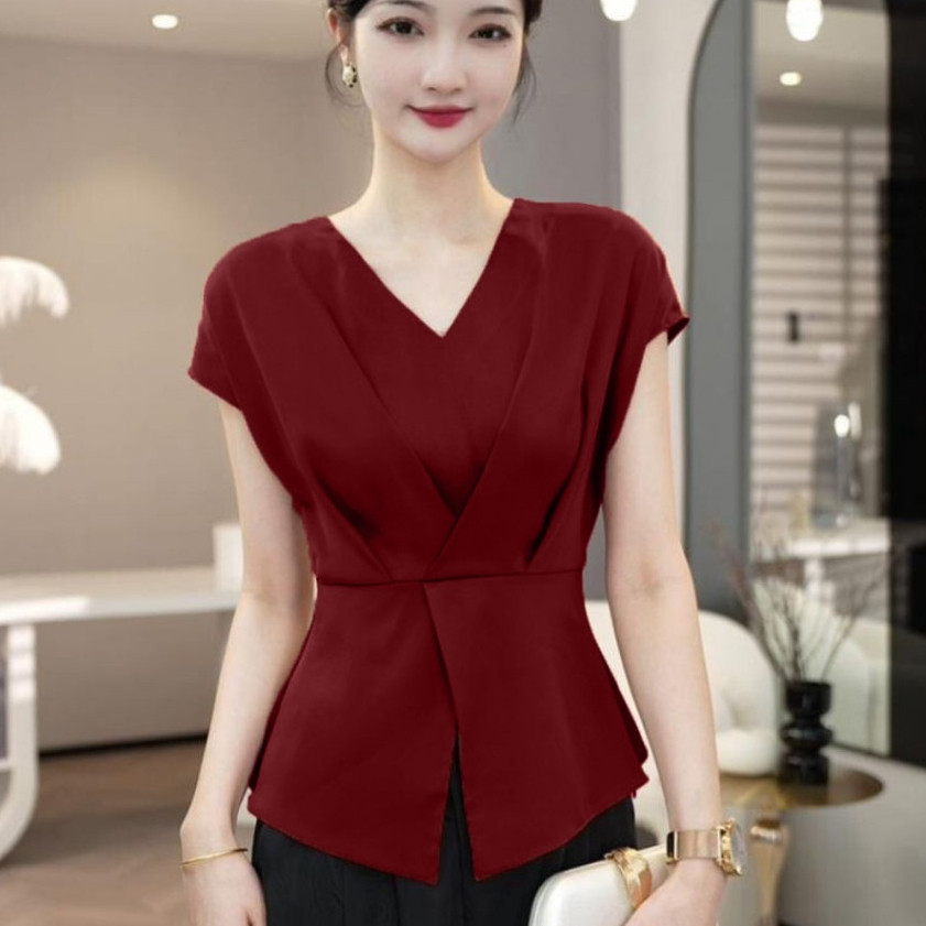 Satin รุ่นใหม่2 บ่าเลย ป้ายหน้าจีบระบาย ซาตินไดม่อน รูดหลังสวมใส่ง่ายทรงสวย อก32-44"