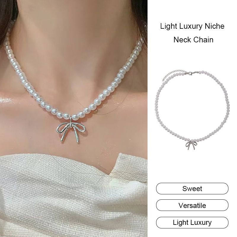 aidderse.thLight Luxury Niche Neck Chain Temperament Bow Pearl Necklace High-end Pendant Collarbone Chain-