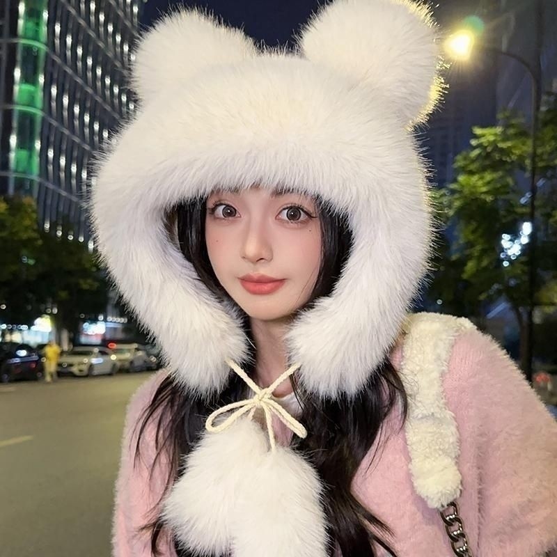 ฤดูหนาวตุ๊กตาหมีหูหมวกผู้หญิงอบอุ่นหนา
