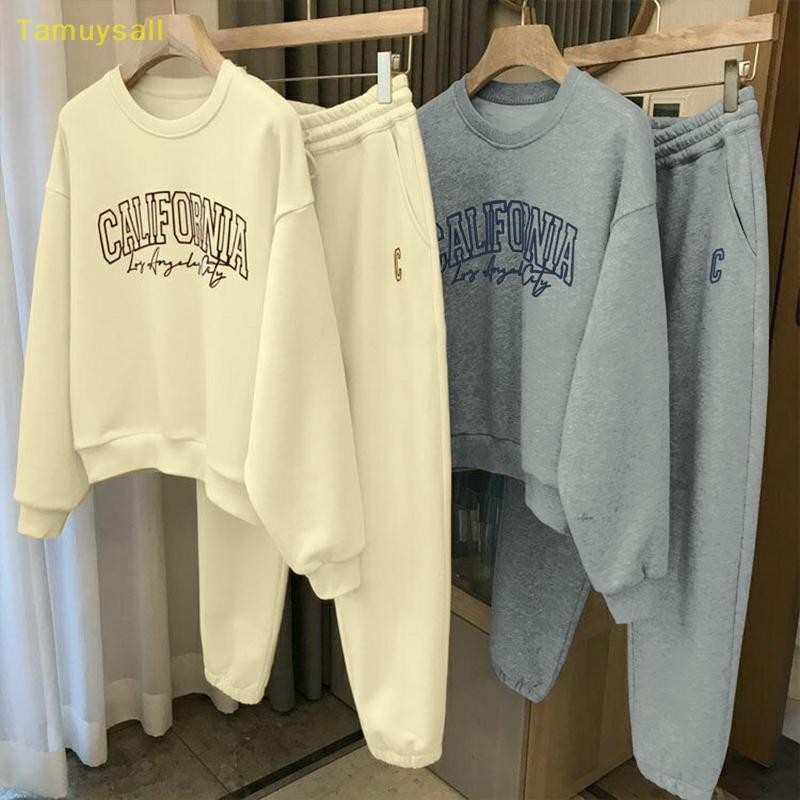 [ตามู] แฟชั่นลําลองสีทึบหลวมเสื้อยืดแขนยาวกางเกงสูทสําหรับผู้หญิง ใช่