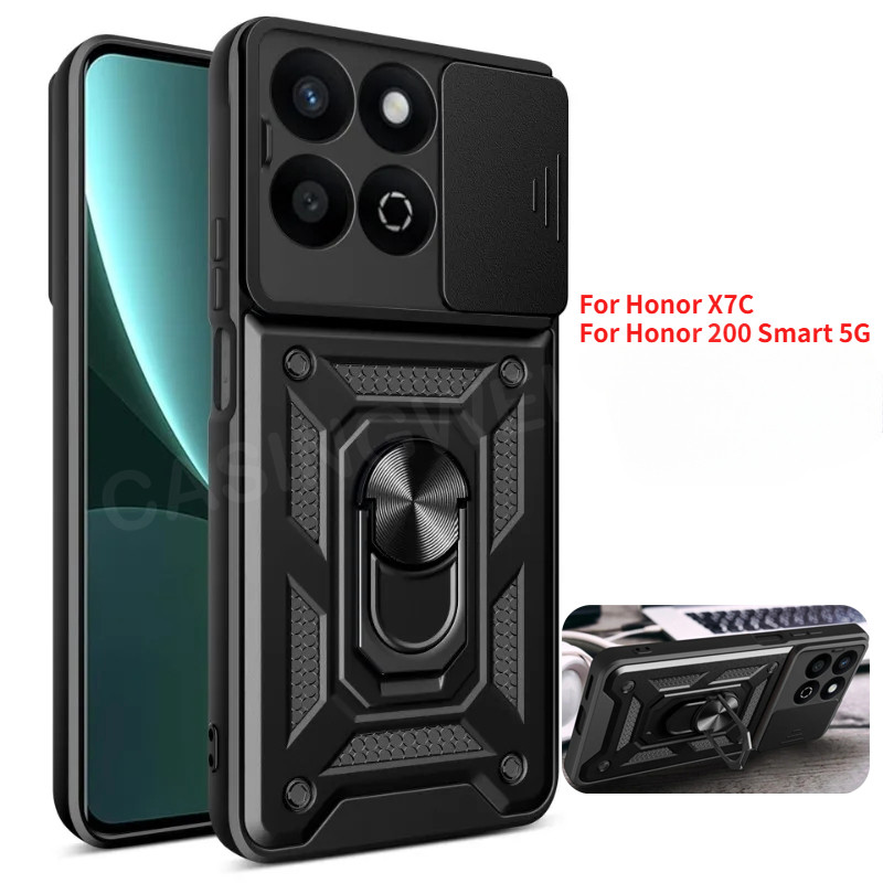 ปลอกสําหรับ Honor 200 สมาร์ท X7c X7 X7A X7B X8 X8B X8C X6C X6B X6A 200Pro 5G 4G เคสโทรศัพท์เกราะโลหะแหวนวงเล็บ Push ดึงกล้องกันกระแทกฝาหลัง