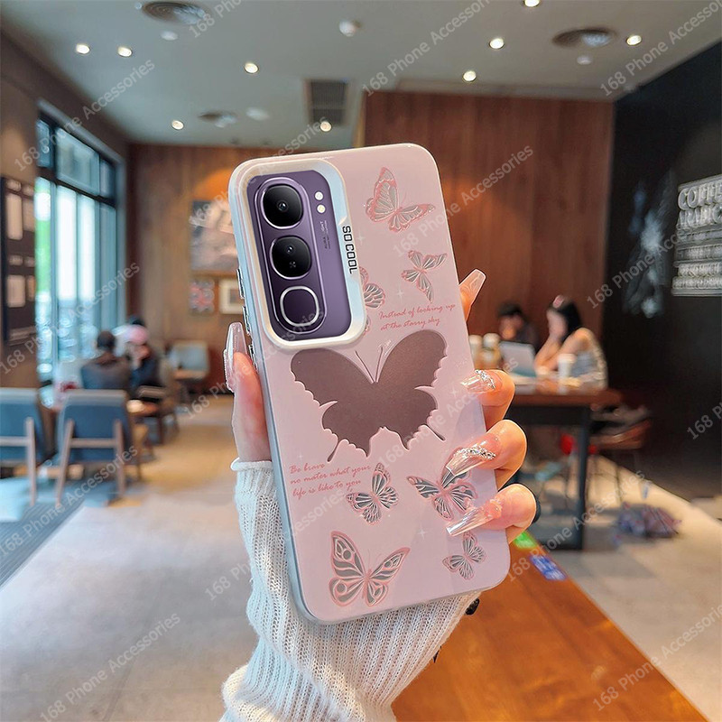 เคส Vivo Y200 5G เคสน่ารักสีชมพูผีเสื้อเคลือบแข็งกันกระแทกหรูหราชุบปุ่มโทรศัพท์สําหรับผู้หญิงสาวนักเรียน