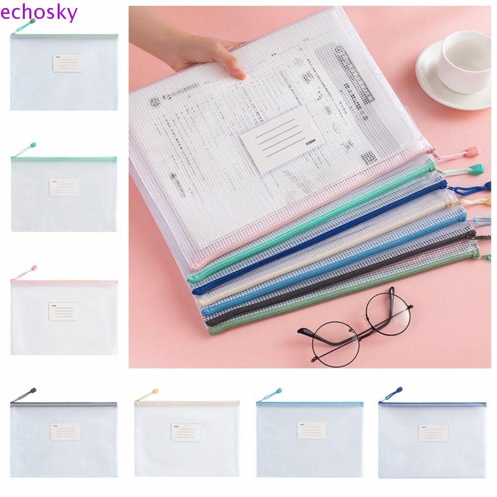 Echosky A4 ถุงตาข่ายแฟ้ม, ถุงเก็บเอกสารซิป PVC, แบบพกพากันน้ําเรื่องเรียงลําดับกระเป๋าข้อมูลโปร่งใสนักเรียน